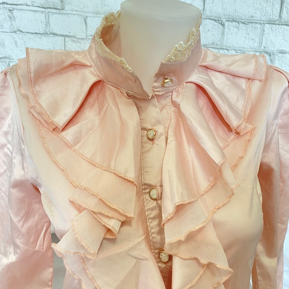Pink Satin Long Sleeve Ruffle Top Blouse